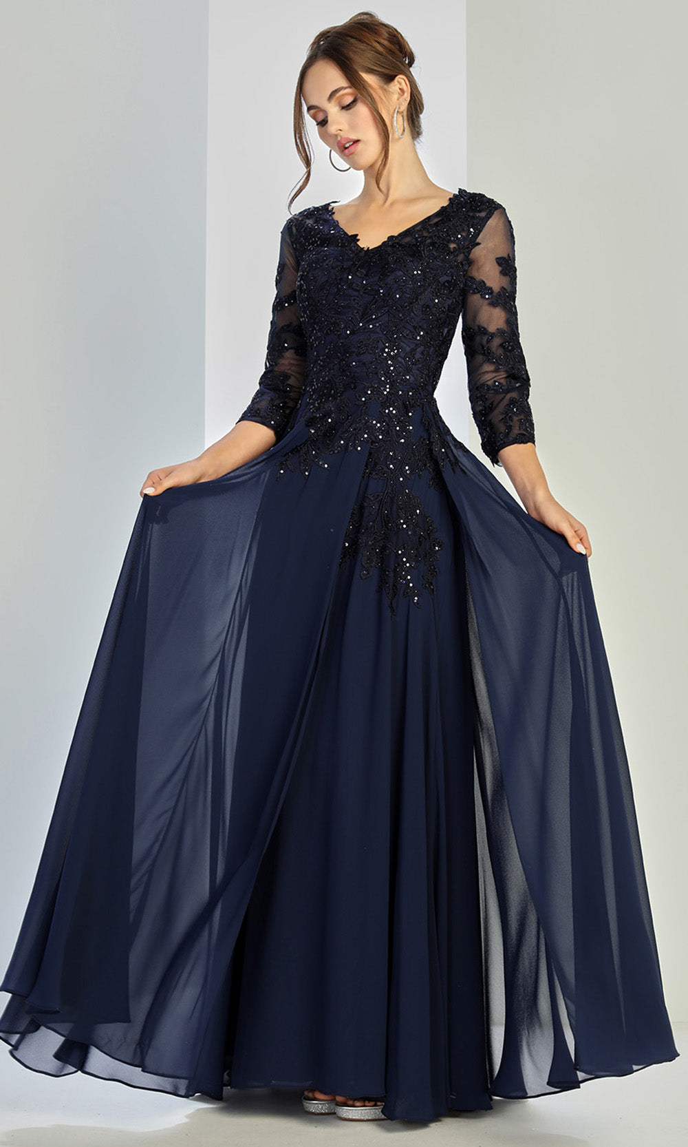 Adora Design 3247-03 - Illusion Sleeve Embellished A-Line Gown